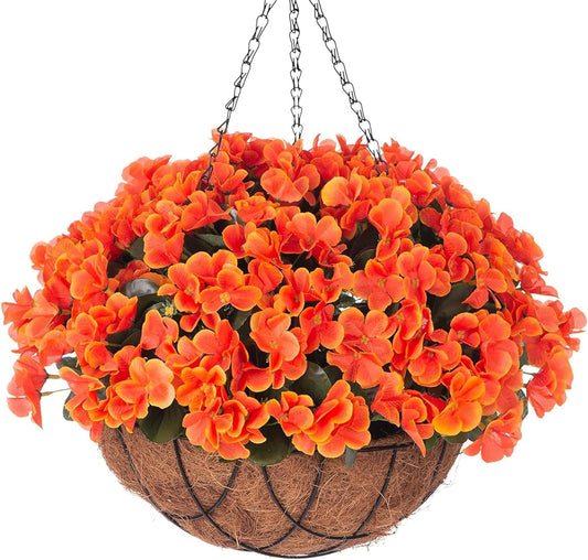 Fall Artificial Flowers with Hanging Basket for Outdoor Indoor, 4 Branches Fake Hydrangea Flowers in Coconut Lining Hanging Basket Home Courtyard Spring Summer Decor(Orange)