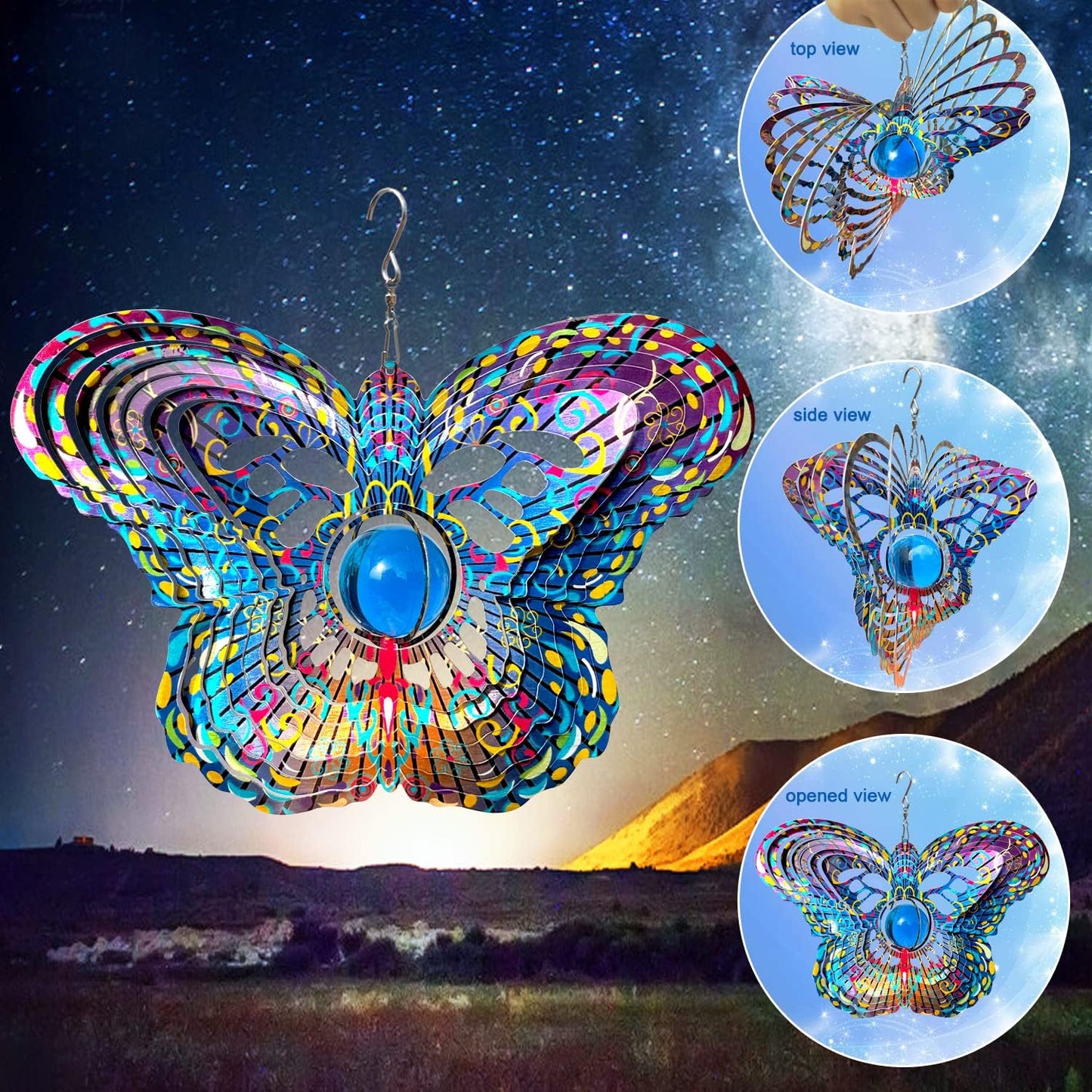 FONMY Mandala Wind Spinner w/Crystal Ball-Butterfly 3D Stainless Steel Hanging Spinners Worth Gift Christmas Decoration Indoor/Outdoor Garden Décor Kinetic Yard Art 12 Inches Wind Sculpture