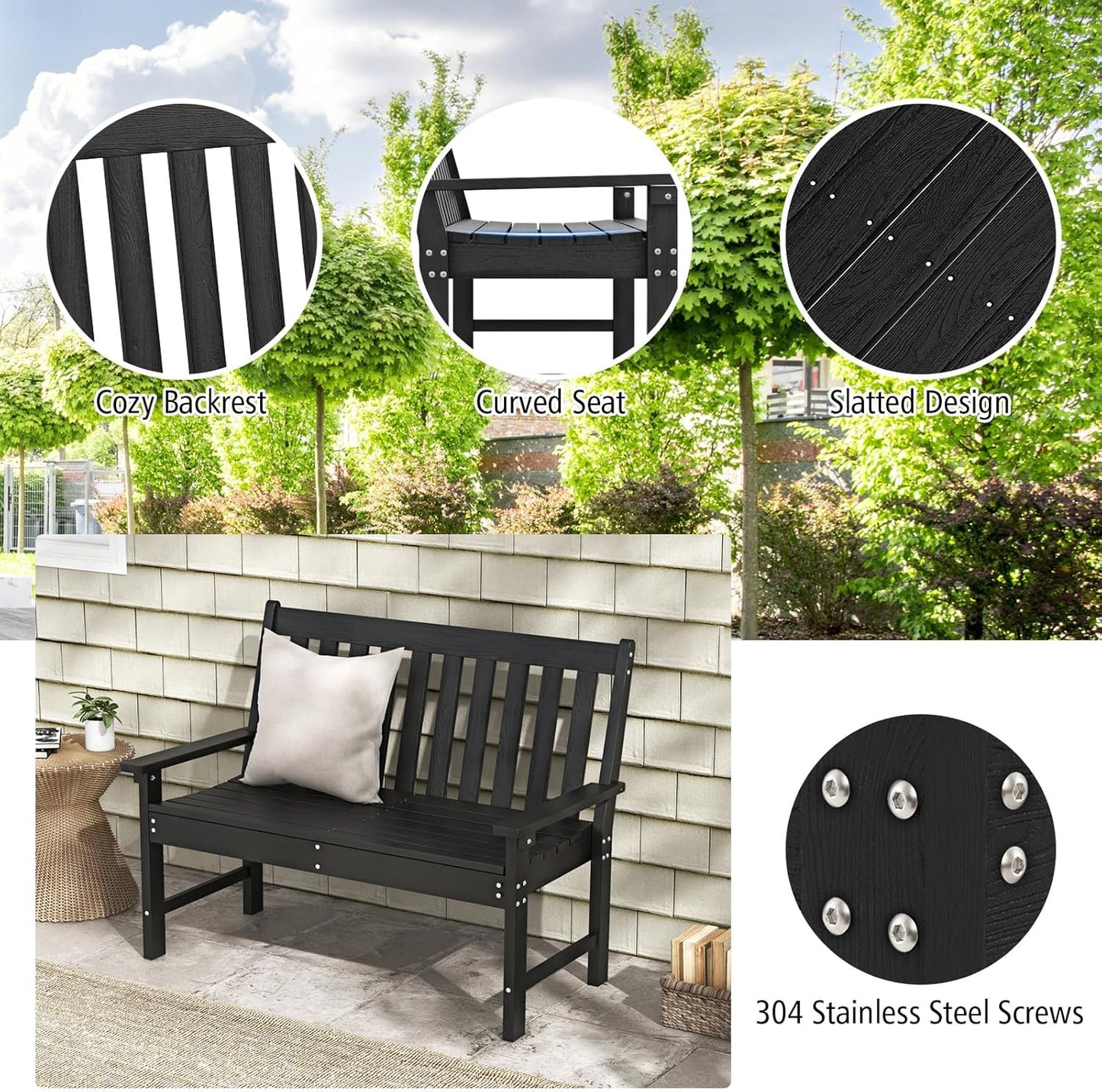 Giantex Outdoor Bench, 52-Inch Outside Bench All-Weather HDPE Park Bench with Backrest and Armrests, 705 lbs Weight Capacity, 2-Person Slatted Patio Bench for Porch, Yard, Lawn, Garden Bench (Black)