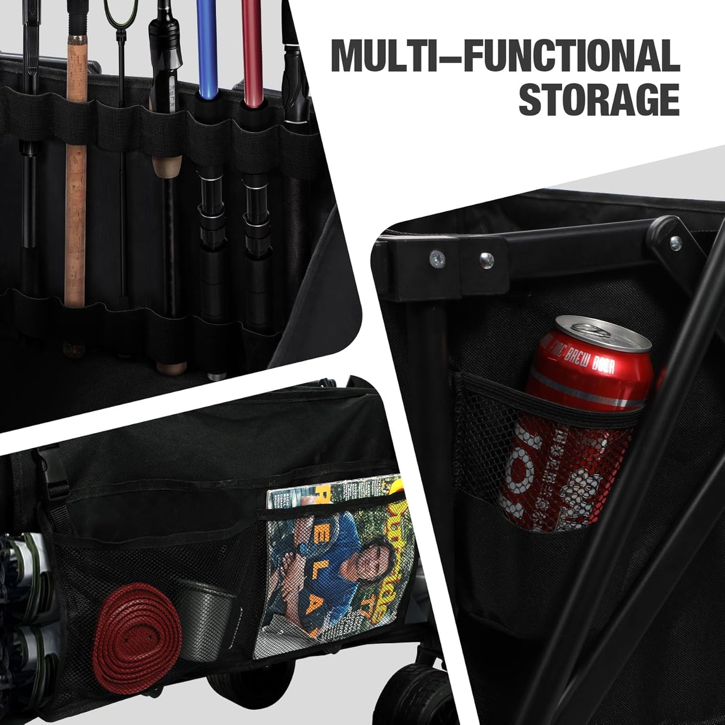 REDCAMP 49" L Extended Collapsible Beach Fishing Cart with Rod Holders, 330LBS Heavy Duty Extra Large Folding Utility Garden Cart with Tailgate and Big All-Terrain Wheels for Grocery, Sport, Fishing