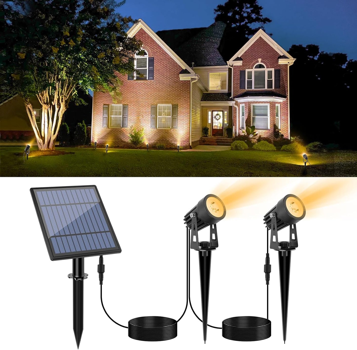 APONUO Metal Solar Spot Lights Outdoor with 9.8ft Cable Solar Powered Landscape Lighting Low Voltage IP65 Waterproof Auto On/Off for Outside Garden Yard Landscape Pathway Garage-Warm White(2-in-1)