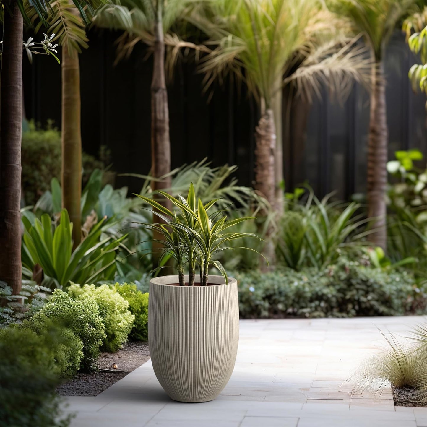 Kante Round Fluted Concrete Planter, 16.9-Inch Dia Barrel-Style Pot with Drainage Hole, Weathered Finish with Warm Brown Interior, 13.7" Opening, for Indoor and Outdoor Use