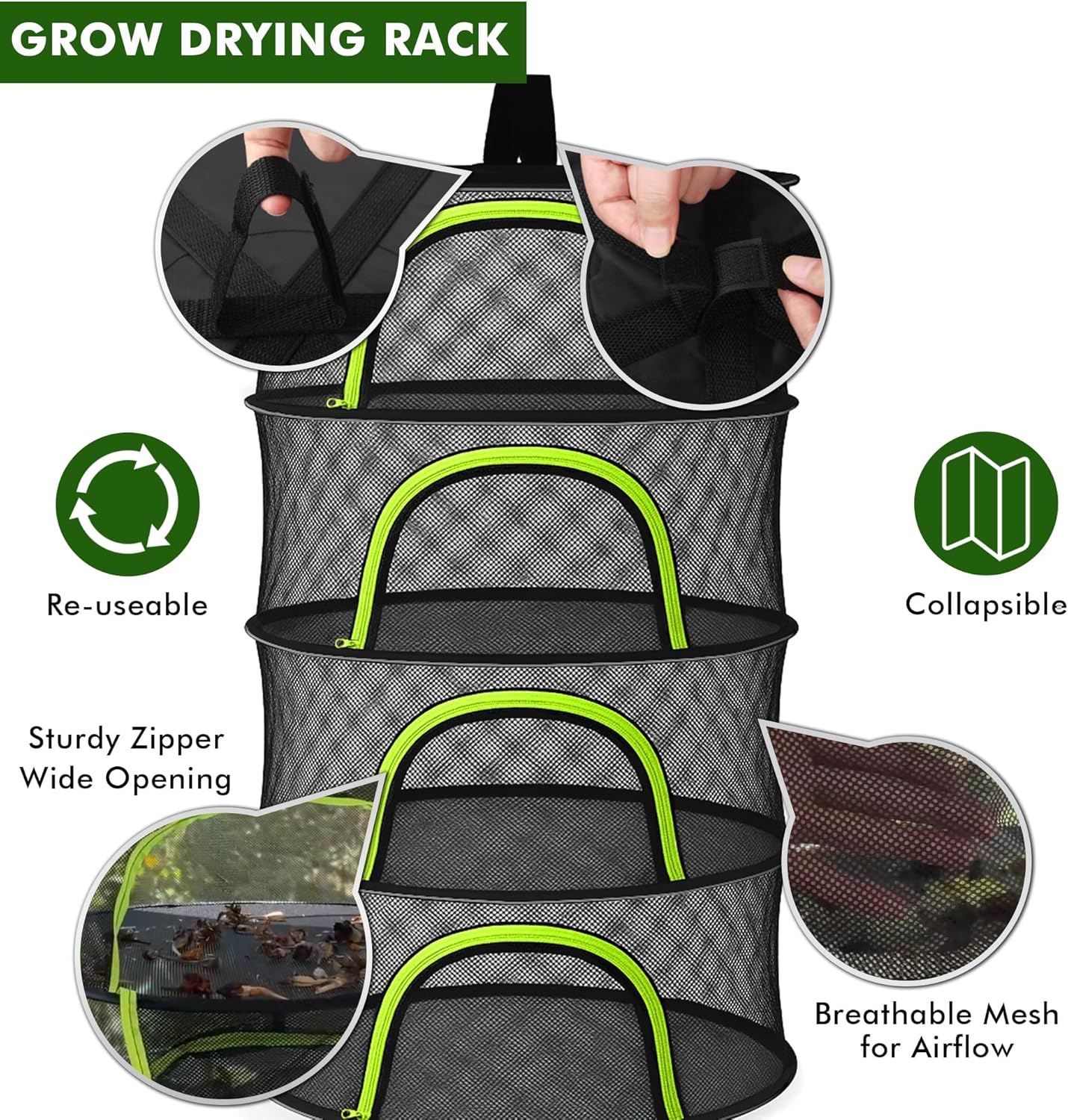 Herb Drying Rack Hanging Mesh 6 Layer 24" with Zipper, Gloves, Garden Pruning Shear, Hook & Carabiner Clip for Drying Herbs, Plants, Seeds, Buds | Outdoor, Hydroponics Herb Dryer Hanging Rack