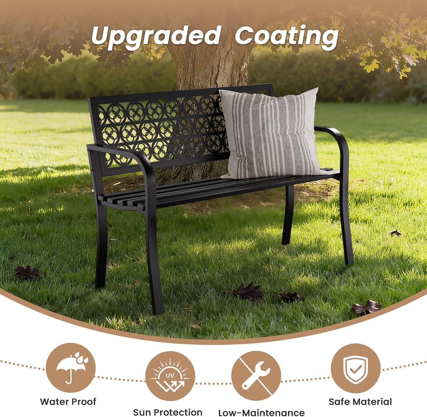 44'' Outdoor Garden Bench, Weatherproof Wrought Iron Metal Patio Bench with Mesh Pattern Backrest, for Front Porch, Park, Yard, Gardens