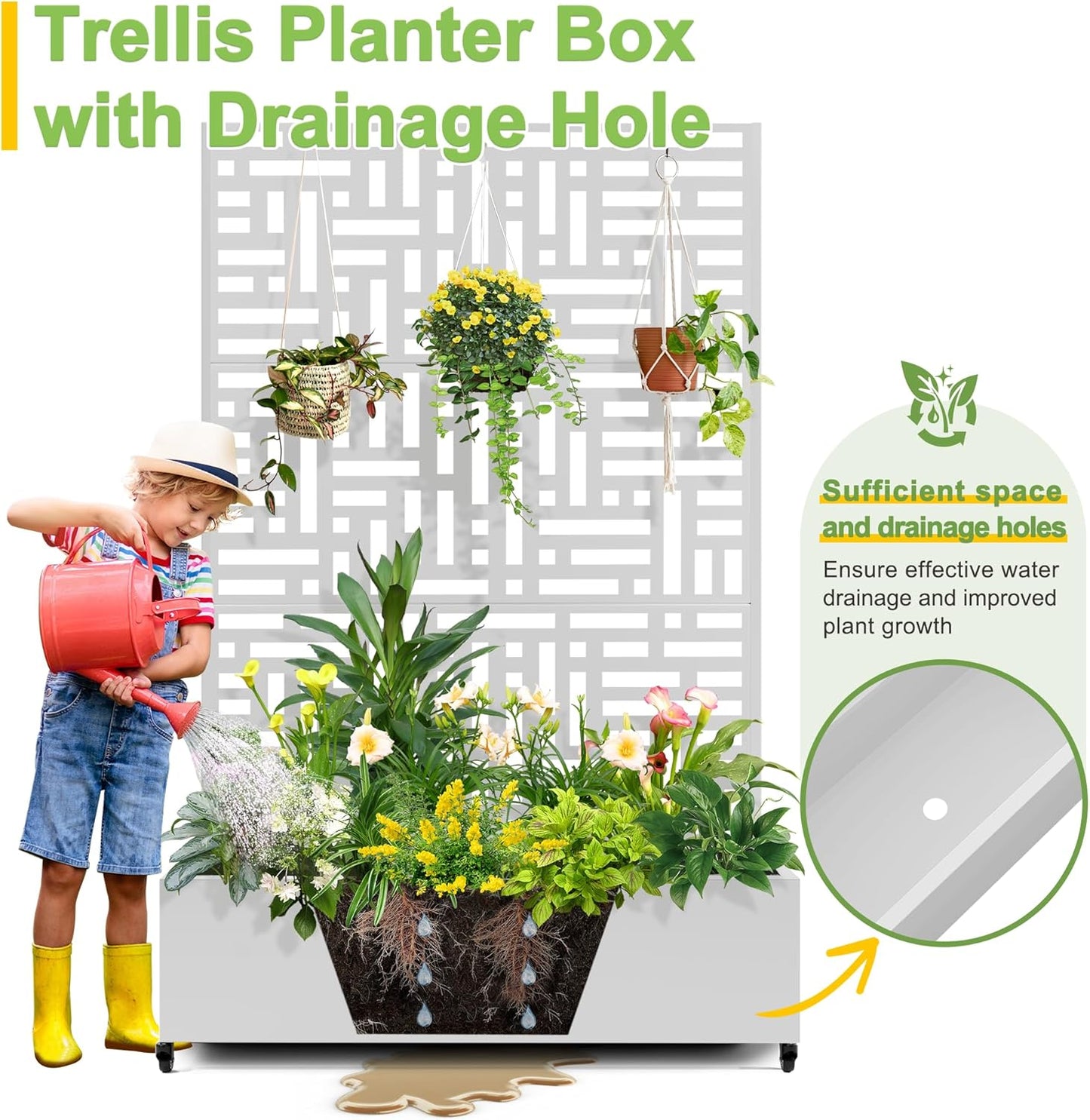 FENCY Metal Raised Garden Bed with Wheels and Trellis,73"x47"x16" Planter Box for Climbing Plants, Vegetables & Vines, Features Privacy Screen and Drainage Holes (White-Geometric Lattice)