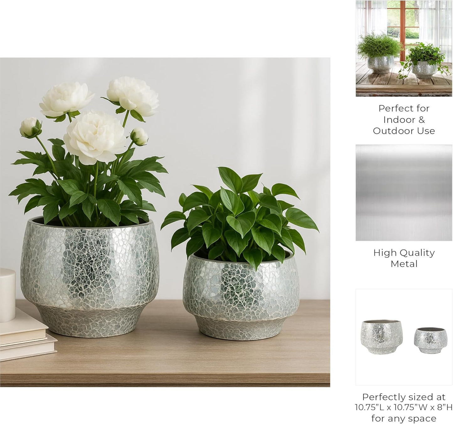 Flower Pots and Planters for Home Decor – Mosaic Indoor and Outdoor Plant Pots for Garden, Patio, or Room – Modern Pots for Indoor Plant Stand for Herbs, Succulents, or Ferns Set of 2 – 8", 6" Silver