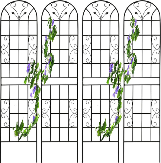 4 Pack Metal Garden Trellis for Climbing Plants, 86.7" Tall Rustproof Outdoor Trellis Panel with Vine Lines Design, Decorative Black Iron Plant Support for Vine, Rose, Flower, Garden Wall