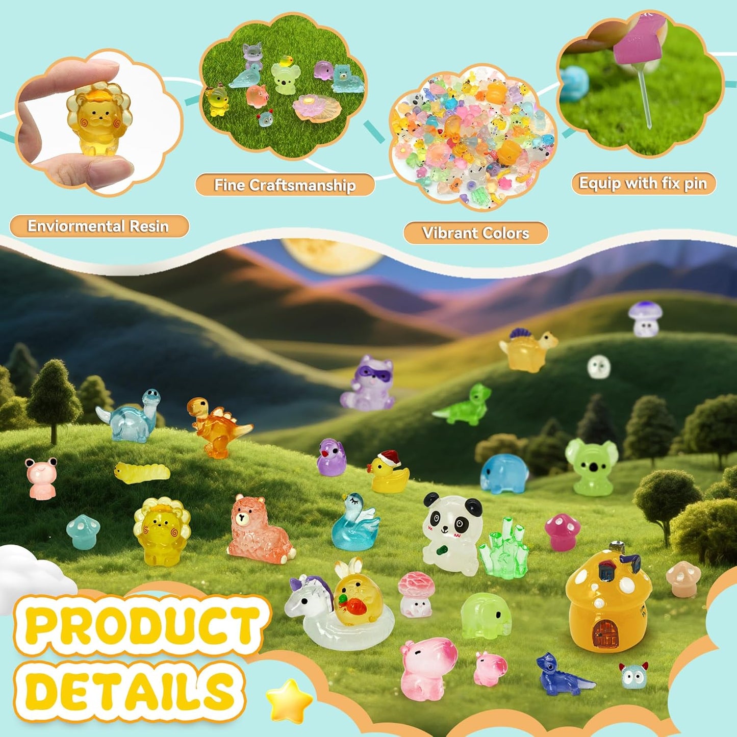 Tardigrade Mini Resin Animals Variety Pack, 150 Pcs Luminous Tiny Resin Animals Figures 48 Types Bulk Glow in The Dark Small Figurines to Hide Miniatures Garden Landscape Potted Dollhouse Decor