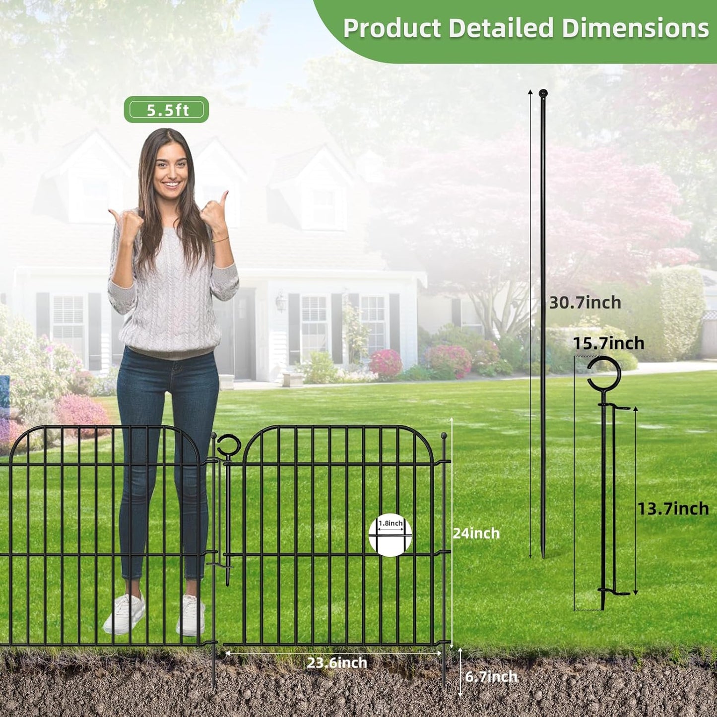 5 Panels No Dig Decorative Outdoor Garden Fence with Gate, 24 in(H) x 10 ft(L) Rustproof Metal Wire Panel Border for Yard & Patio Decor, Temporary Animal Barrier Fencing for Dog and Small Pets