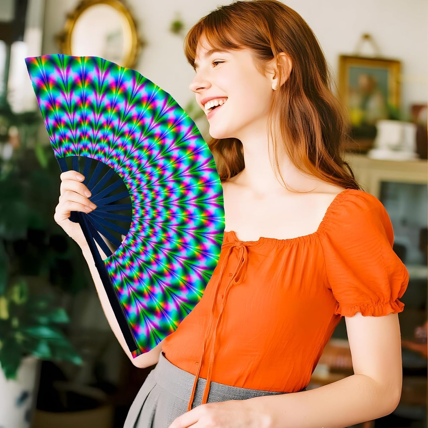 13-Inch Large Popping Fans for Line Dancing, Boots Ground Hand Fan Foldable for Women Dances, Music, Festival, Gift, Rave, Party (Waves)