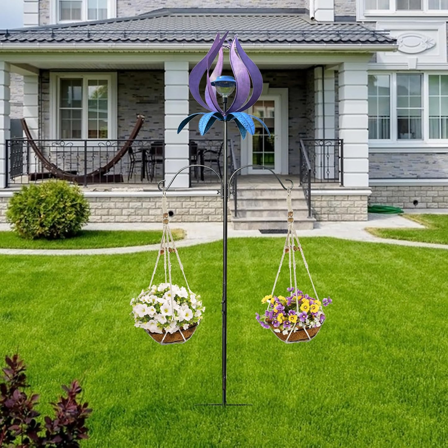 J-Fly Metal Wind Spinner Outdoor Terrace Windmill LED Solar Landscape Light Outdoor Garden Decoration for Lawn Garden Park Decoration Double Coconut Flower Basket Metal Pile 83 Inch