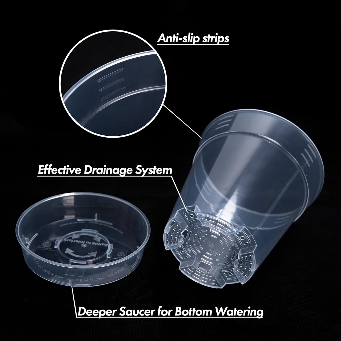 1 Gallon 6 Inch Clear Plastic Plant Pot with Drainage Holes, Interlocking & Detachable Tray - Deep Saucer - Durable BPA-Free Plastic, Transparent Design, Raised Base for Airflow, Set of 12, 92-X-B-6