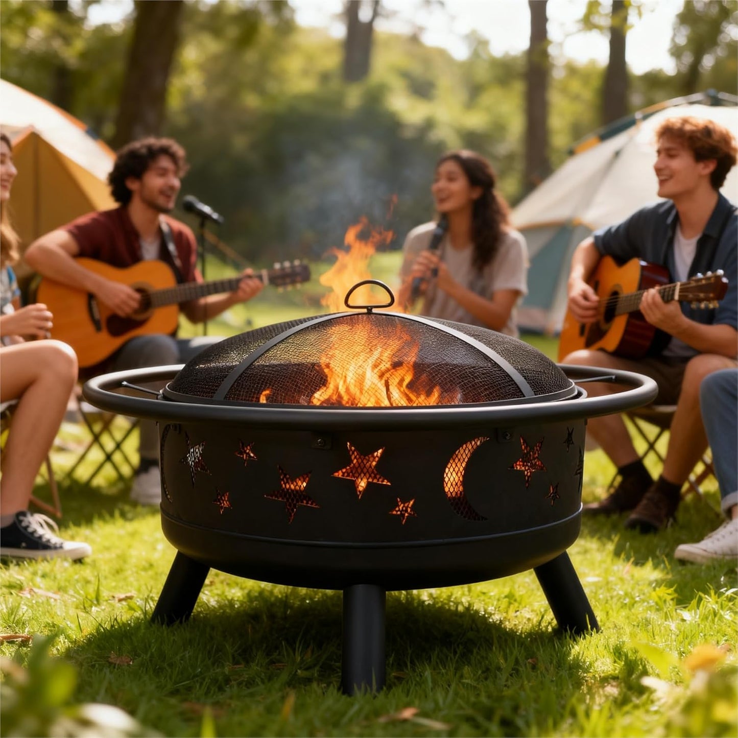 Grovelli 38" Round Wood Burning Fire Pit with Mesh Cover, Fire Poker, Star & Moon Cutouts, Metal Outdoor Firepit for Patio, Backyard, Garden, Bonfire, Camping, Christmas, Thanksgiving, Halloween