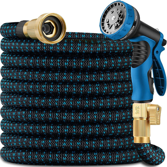 50 ft Expandable Garden Hose with 10 Function Nozzle Sprayer, Lightweight Flexible Water Hose with Durable Collapsible Latex Core & Solid Brass Fittings, 50ft Retractable Stretch Hose(Black Blue)
