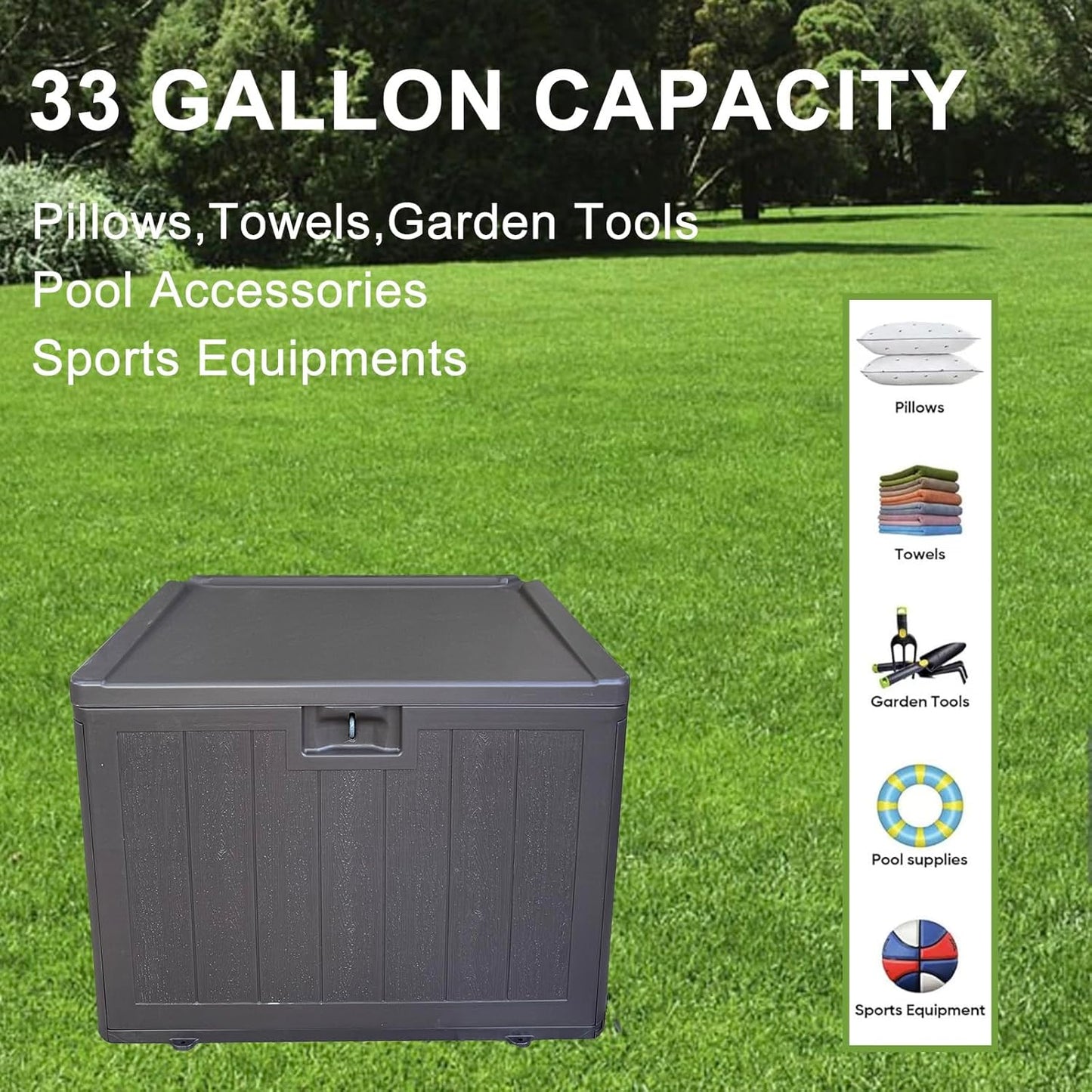 33 Gallon Small Outdoor Storage Box,Waterproof Resin Deck box for Patio Furniture,Garden Tools,Package Delivery,Lockable Patio Storage Box,Blow-Molded HDPE