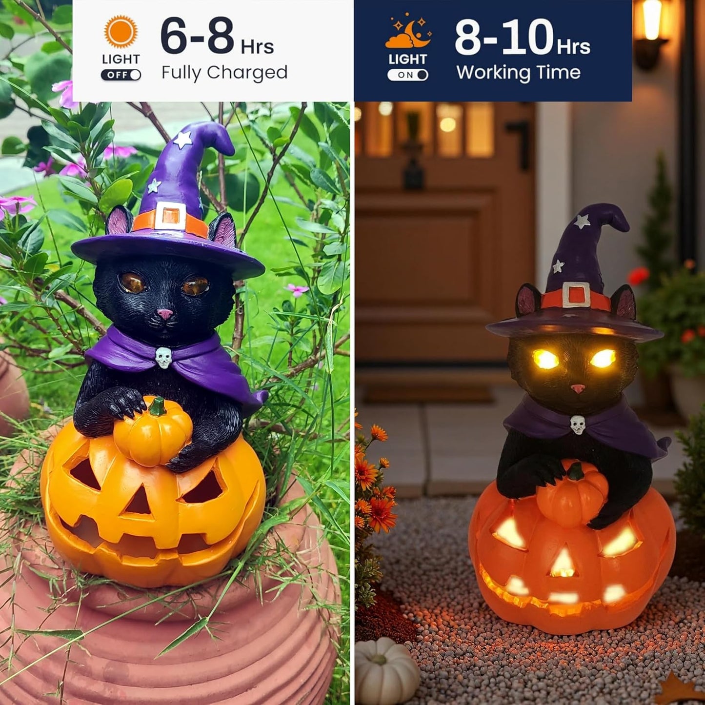 Halloween Decorations Solar Spooky Lights Outdoor Black Cat Pumpkin Figurine Light Garden Statue Decor for Outside Patio Front Porch Yard, Home Decor Gifts for Halloween, Christmas