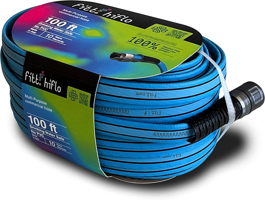 FITT HiFlo Water Hose, Lightweight Ultra Flexible Durable Kink-Free Flat Multipurpose Garden Hose, Easy to Use and Long-lasting Performance, 100-Feet