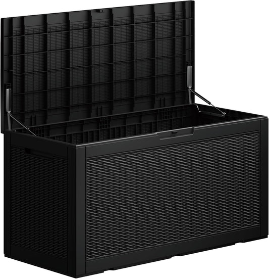 100 Gallon Deck Box, Resin Outdoor Indoor Waterproof Storage Box, Lockable Storage Box With Handle for Patio Furniture - Garden Tools - Swimming Pool Tools UV-Resistant, Black