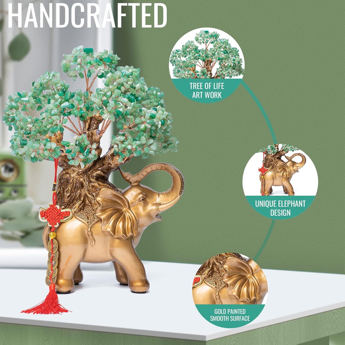 Green Aventurine Crystal Money Tree on Gold Elephant Statue, 17”Large Gemstone Bonsai Tree of Life Home Décor Gifts for Wealth Positive Energy, Feng Shui Décor