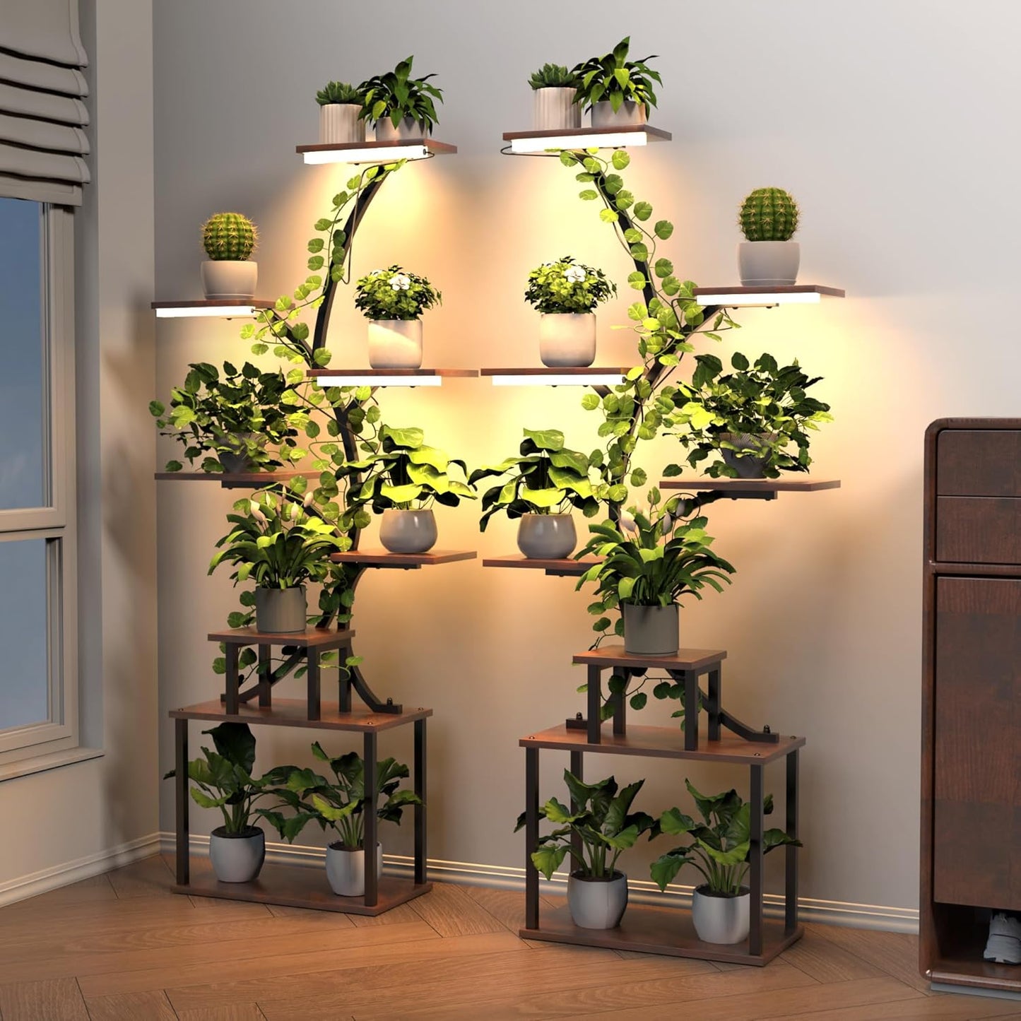 Plant Stand Indoor with Grow Lights, 2-Pack Metal Plant Shelf with 6 Grow Lights, 8 Tiered Corner Plant Shelves, 62" Tall Plant Stands for Indoor Plants Multiple, Plant Rack Display Flower Holder for Living Room, Patio