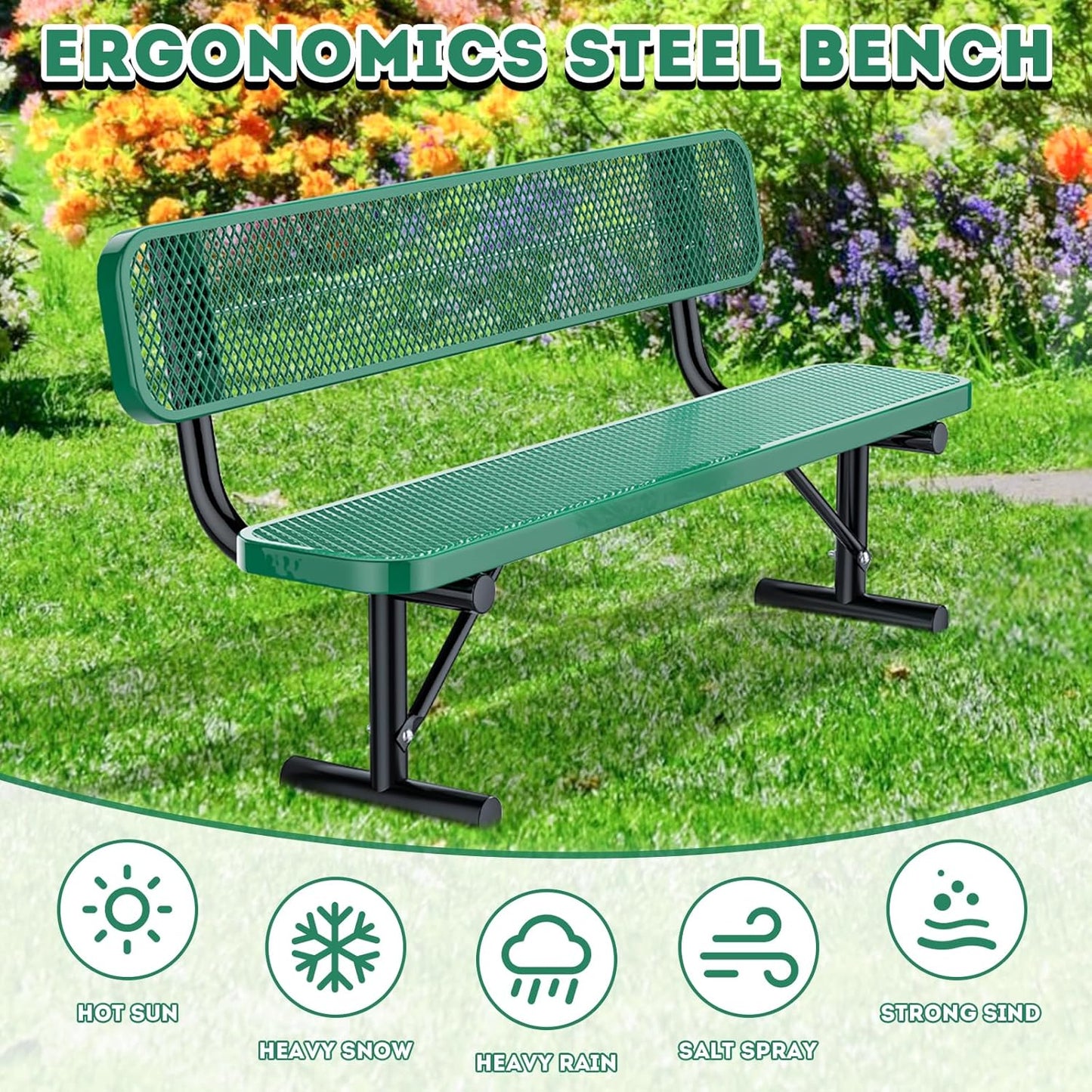 Outdoor Garden Bench, Cast Iron Metal Frame Patio Park Bench with Backrest, Portable Expanded Metal Black Bench, Commercial-Grade Outdoor Seating for Lawn, Patio, Park, Yard, Garden (Green, 6FT/72')