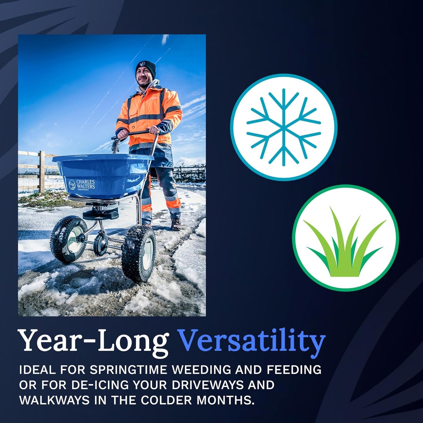 Charles Walters Equipment CW2800S Landscape Rated Broadcast Spreader with Stainless Steel Frame for Spreading Fertilizer and Ice Melt on Lawns, Walkways, and Driveways, 80lbs Capacity, 38" x 33"