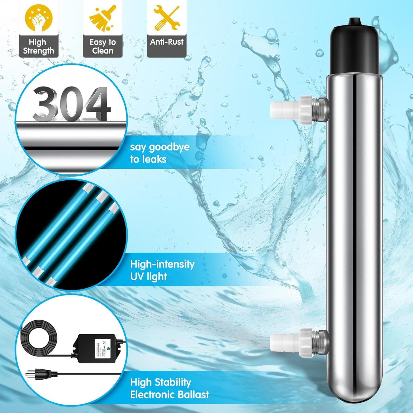 Qualirey 12W UV Lights for Ponds Aquarium Control Cold Plunge UV Light, Stainless Steel UV Filter Aquarium, Aquarium Clarifier Easy to Installation for Aquarium Indoor Outdoor Removal Algae Plant