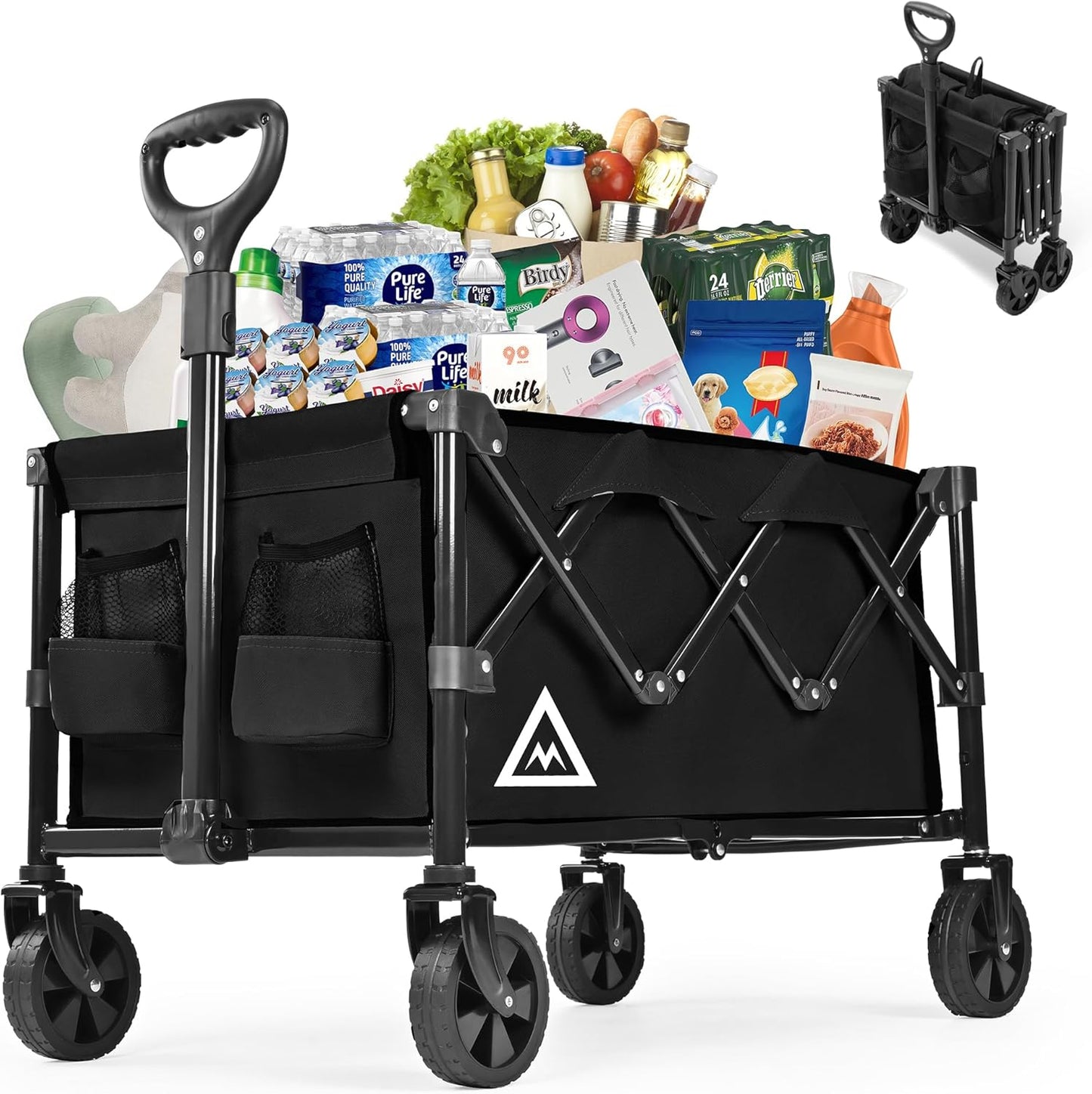 Wagon Cart Shopping Foldable Folding Collapsible with Wheels Big On Beach Garden Outdoor Grocery Heavy Duty Utility All Terrain Portable Wagons Carts for Groceries Sand Camping Sports Black