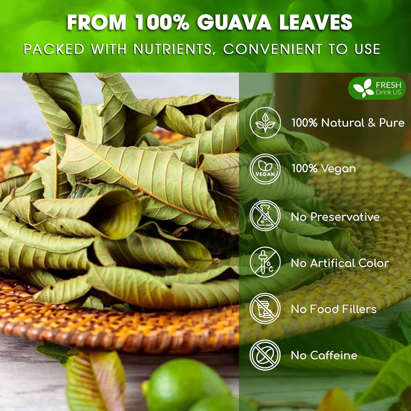 FreshDrinkUS, Premium 50+ Natural Guava Leaves, Whole Dried Leaves, 100% Pure, Natural Guava Loose Leaf Herbal Tea, Non GMO, No Additives, No Caffeine, Vegan