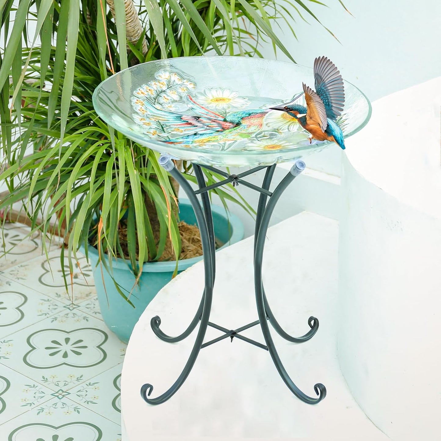 MUMTOP Bird Bath-Bird Baths for Outdoors - Hummingbird Glass Large Bird Bath Bowl with Metal Stand, Bird Feeders for Outside and Garden, Patio,Lawn Decor