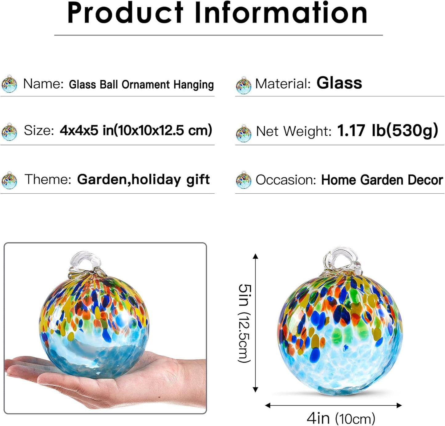 EUSTUMA Hand Blown Glass Witch Ball,Glass Ball Ornament Hanging Garden Gazing Ball Indoor Outdoor Home Décor. (1)