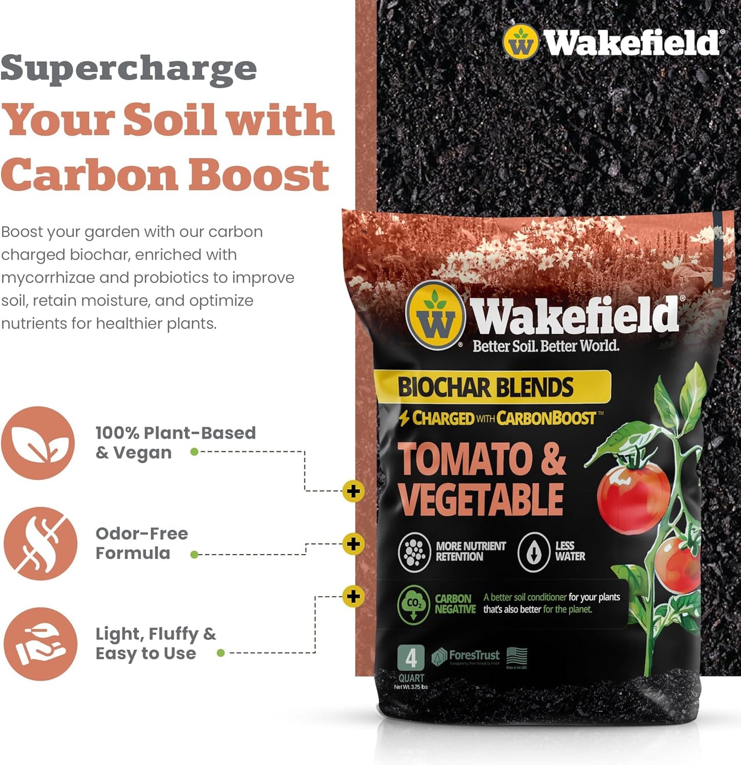 Wakefield Premium Biochar Blend – Organic Potting Soil for Vegetables, Tomatoes & Gardens – Potting Mix Enriched with Humic Acid & CarbonBoost – Versatile Top Soil for Indoor & Outdoor Plants-4quarts