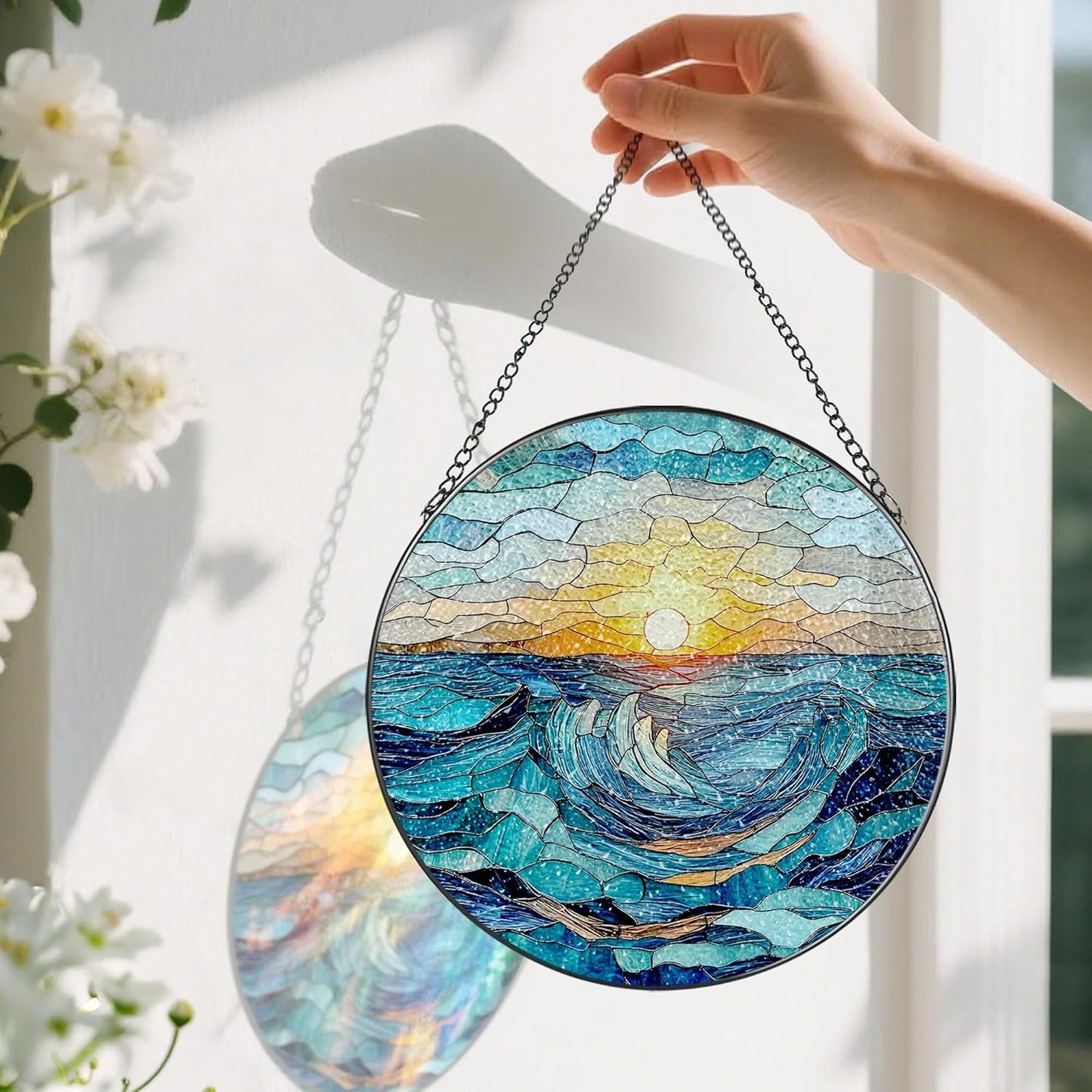 Stained Glass Window Hanging, Pauyadu 8 Inch Beach Stained Glass Suncatcher, Window Decoration Hanging, Sunrise Lover Gift, Natural Gift, Beach Home Decor, Gifts for Family, Friends, Colleagues