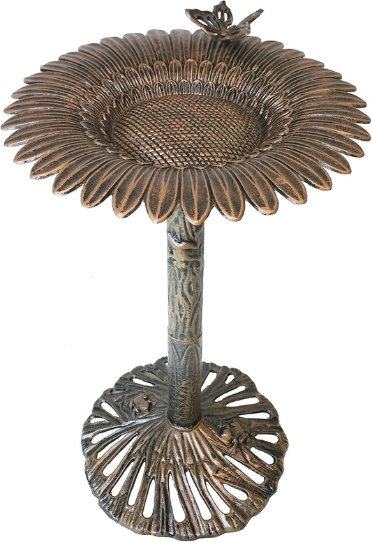 Oakland Living Round Cast Aluminum Metal 32-in Bronze Bird Bath with Butterflies and a Sunflower
