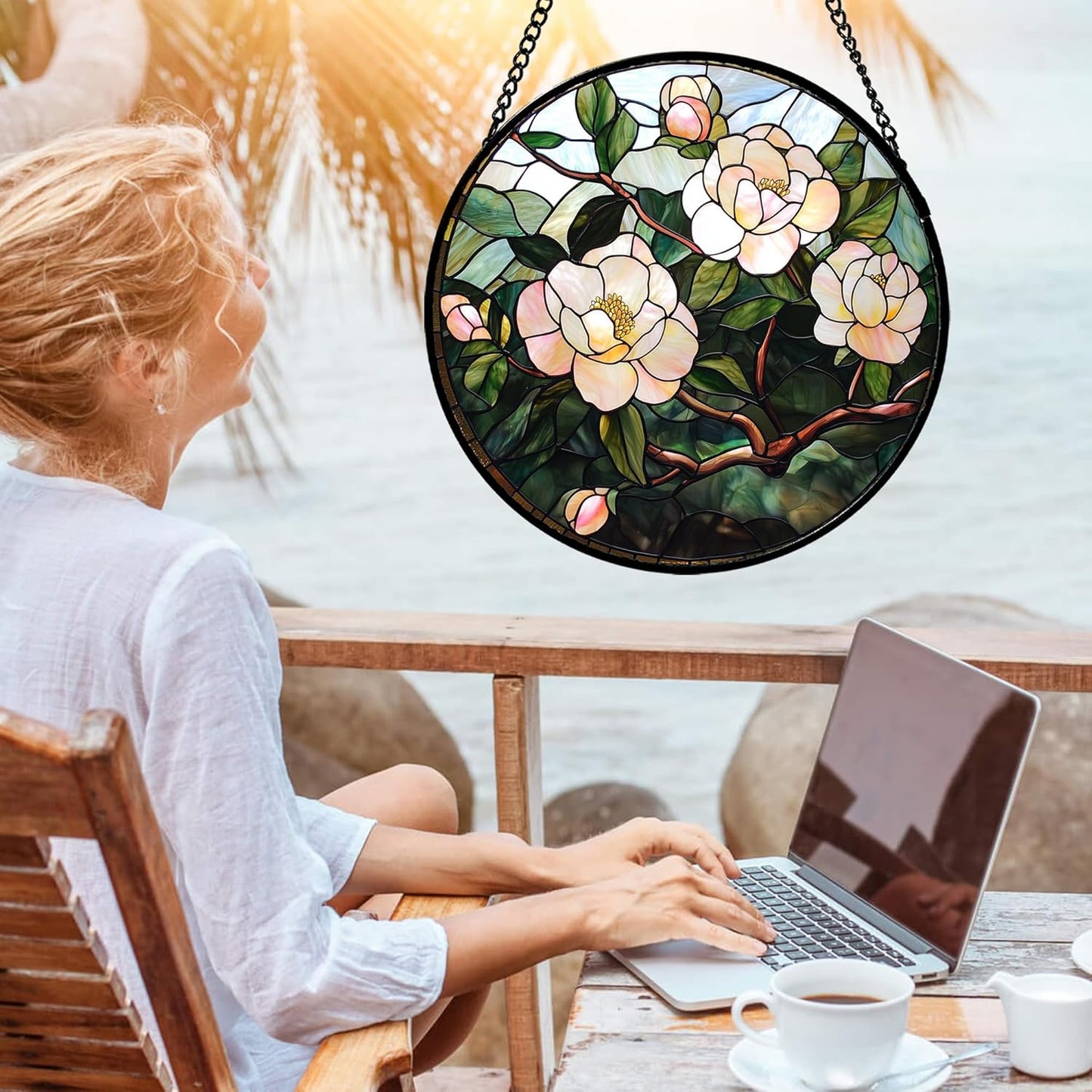 Stained Glass Suncatcher, Light Pink Flowers Green Leaf Sun Catcher Plant Stain Glass Window Hanging Decoration Mother's Day Birthday Gifts for Women Men Mom Nana 9.8 in