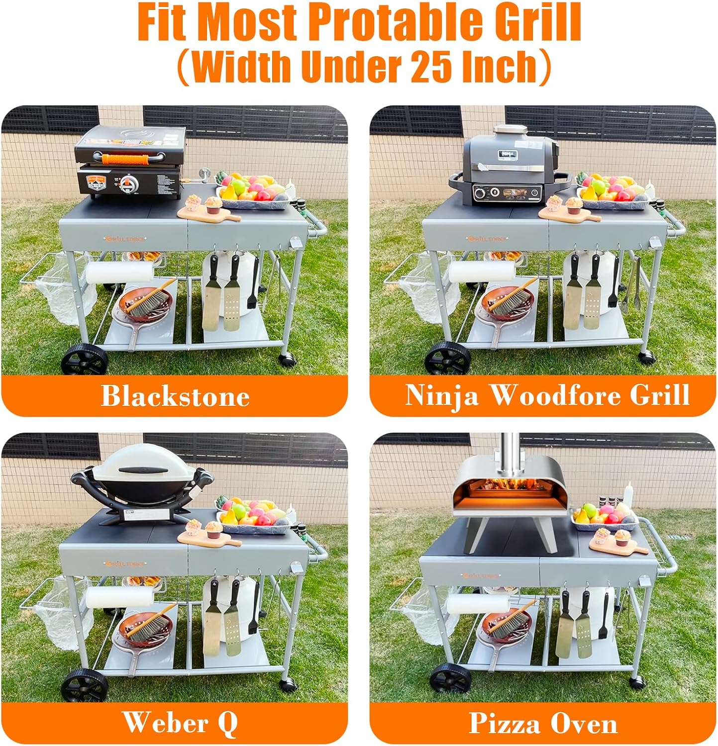 Outdoor Pizza Oven Table for Ninja Woodfire, Blackstone Tabletop Grill, Portable Grill Cart & Food Prep Work Table, Movable Pizza Oven Cart for Backyard BBQ and Patio Parties