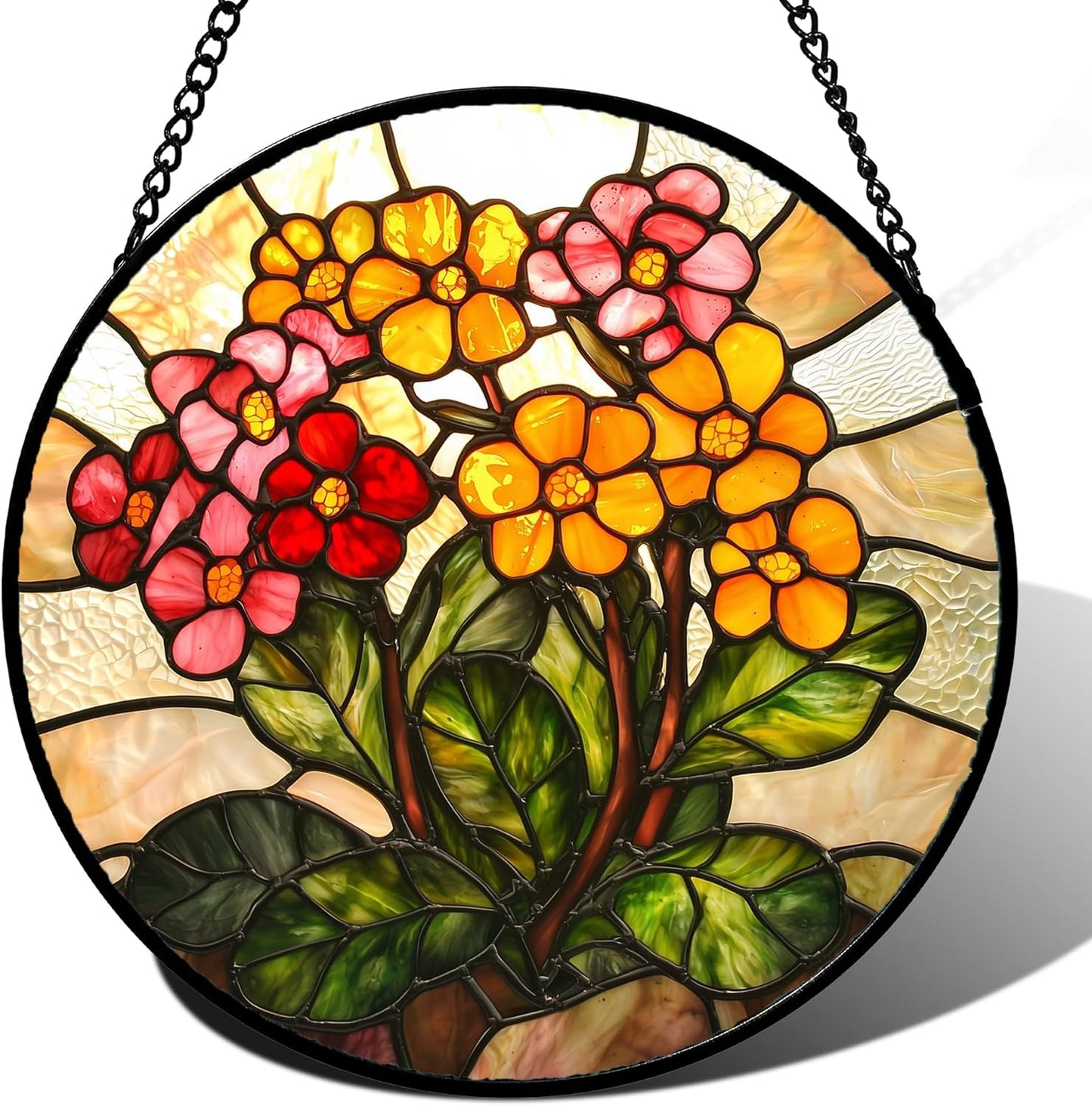 Stained Glass Window Hanging, Yellow Red Flowers Sun Catcher for Window Door Home Decor Green Plant Suncatcher Christmas Mother's Day Birthday Gifts for Women Men Mom and Nana 6.3 in