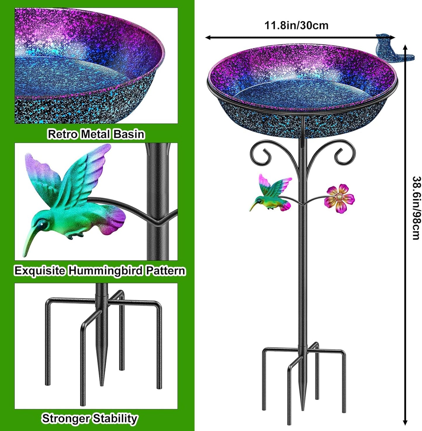 Metal Bird Bath for Outside, Freestanding Garden Bird Baths Bowl, Vintage Birdbath for Outdoors Yard Garden Lawn Decor Decor (Gradient Purple)