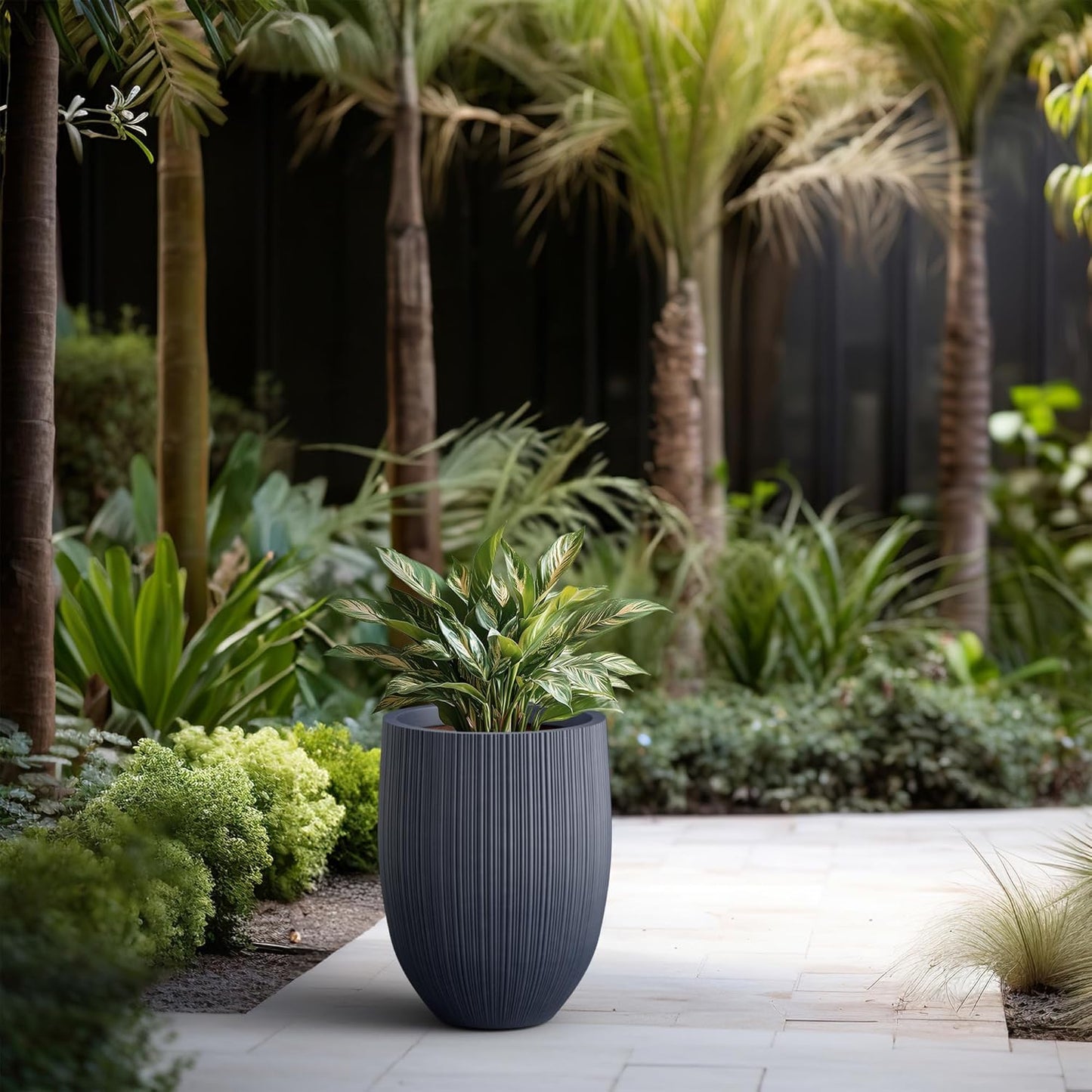 Kante Round Fluted Concrete Planter, 16.9-Inch Dia Barrel-Style Pot with Drainage Hole, Charcoal Finish with Warm Brown Interior, 13.7" Opening, for Indoor and Outdoor Use