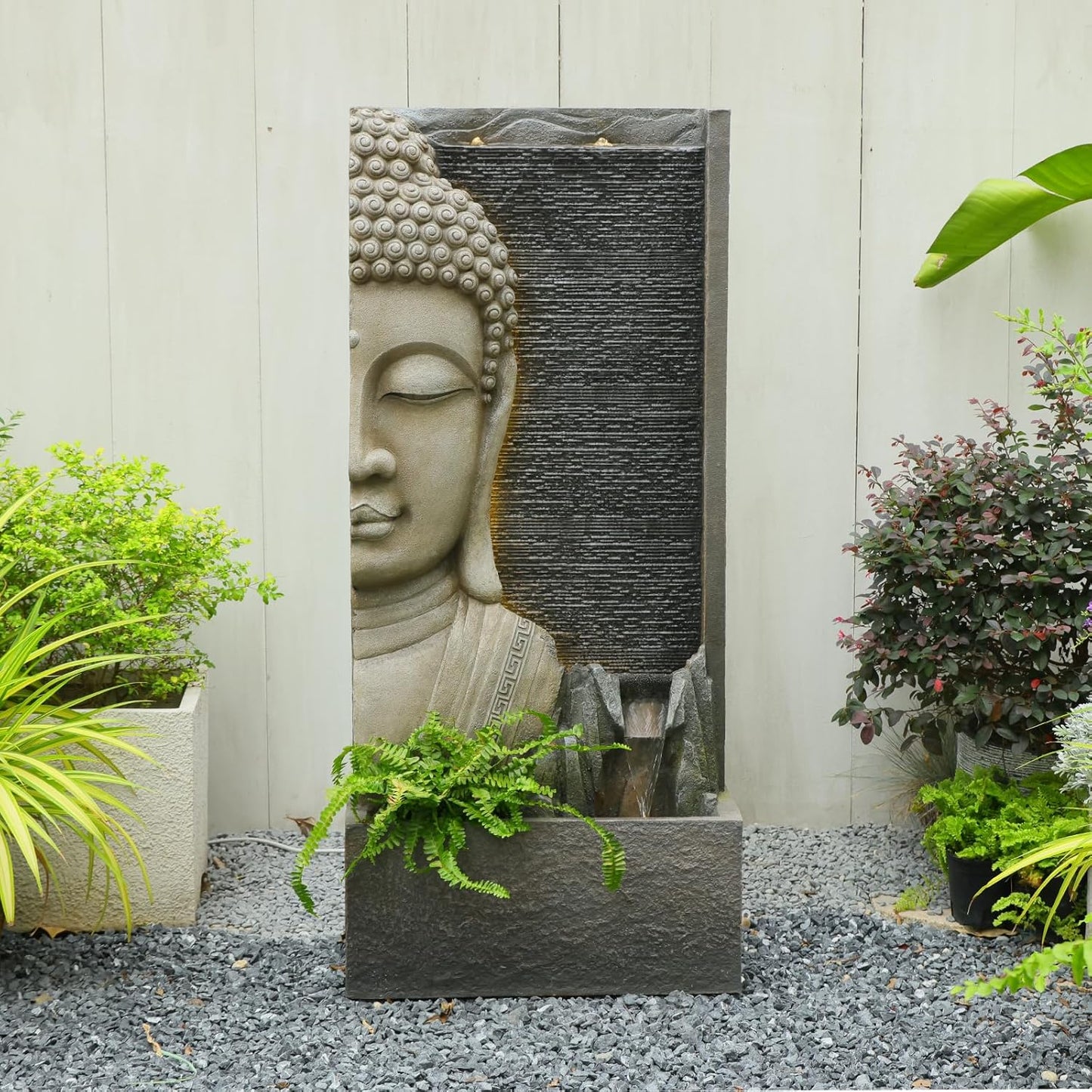 47.5" Buddha Water Fountain Outdoor with LED Lights, Large Zen Garden Waterfall Feature with Double Bubblers and Stream, Resin Statue for Patio, Yard, Porch, Meditation Decor