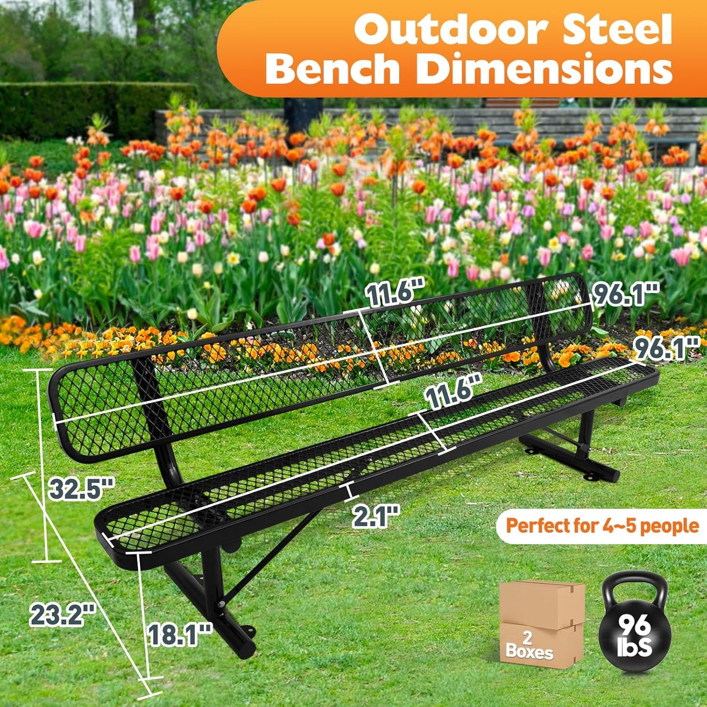 6Ft Outdoor Bench with Back Portable Frame, Outdoor Steel Park Bench with Backrest, Expanded Metal Mesh Bench for Outside, Lawn, Backyard, Park, Deck, Garden, Patio, Porch, Black