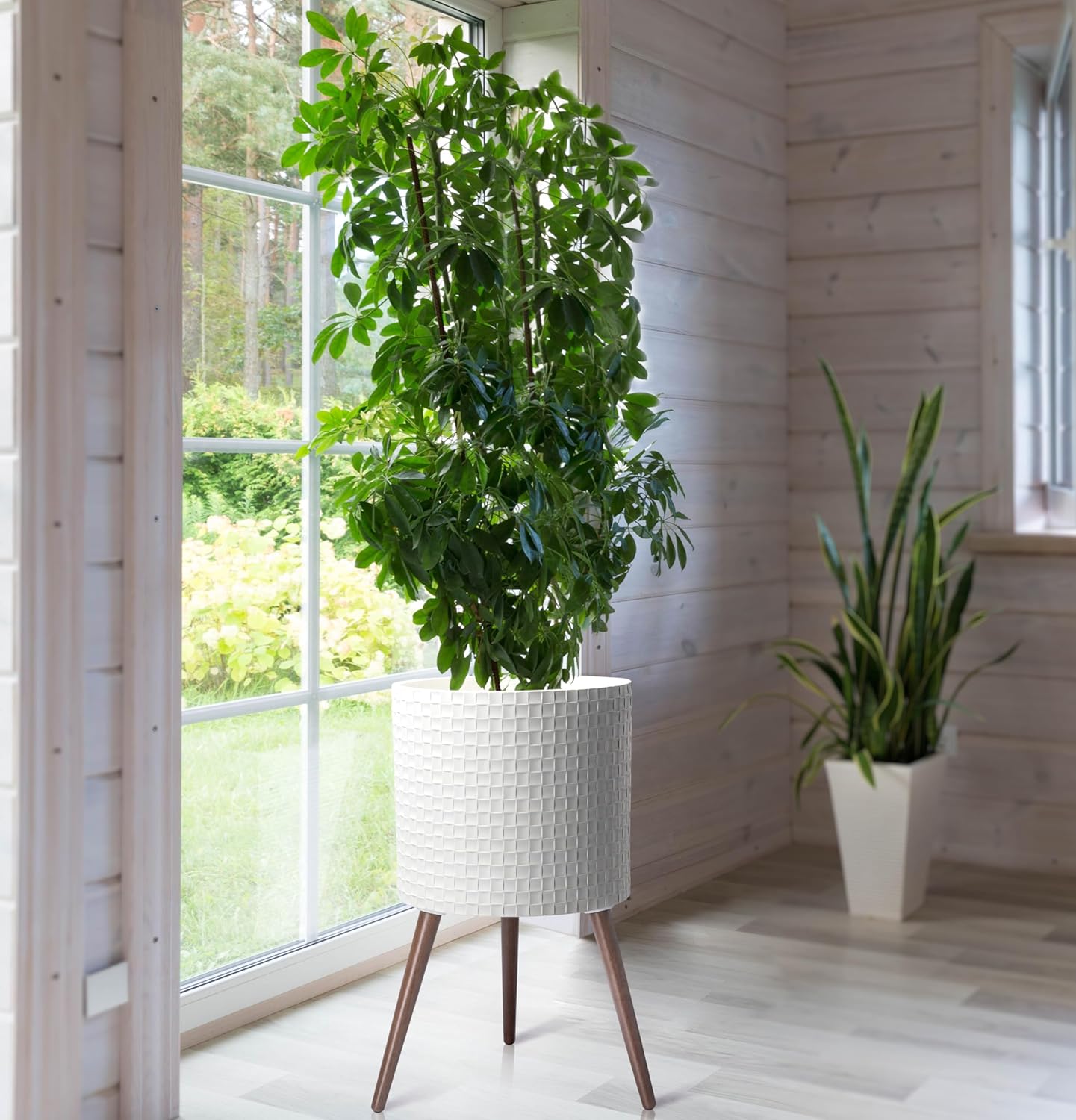 D'vine Dev 16 Inch Modern Geometric Tile Patterned Sleek Planter Pot with Stand, Indoor Outdoor Decorative Plant Holder, Matte White, 88-Z-E-1