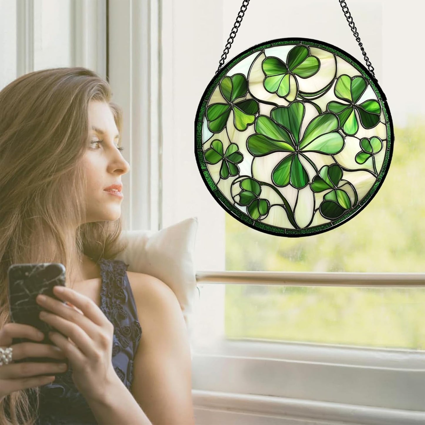 Stained Glass Window Hanging - Green Clover Flowers Suncatcher for Doors Garden St. Patrick's Day Plant Floral Sun Catchers Decor Mother's Day Birthday Gifts for Women Men Mom Nana 11.8 in