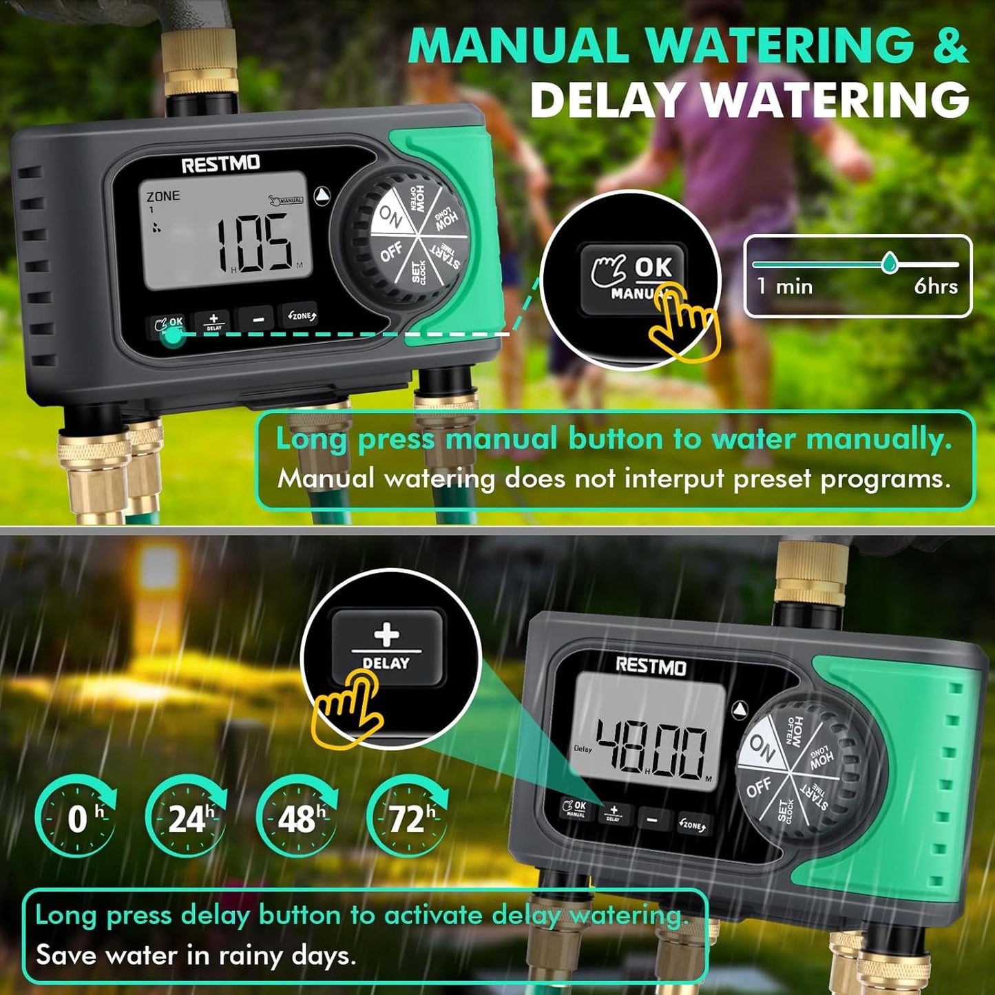RESTMO 4-Outlet Sprinkler Timer with Brass Inlet, 4 Zone Programmable Water Timer for Garden Hose, Automatic Digital Control | Manual ON/Off | Rain Delay, for Outdoor Faucet, Drip Irrigation and Lawn
