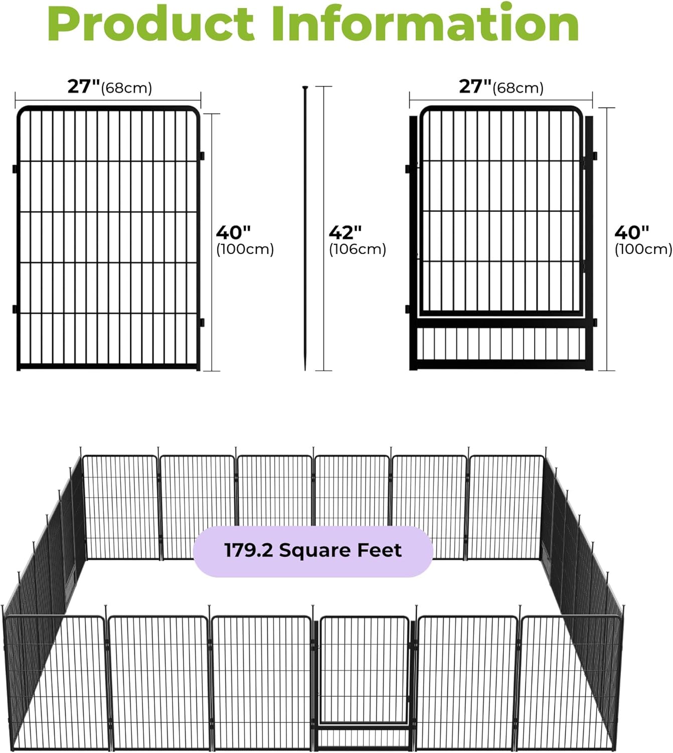 Decorative Garden Fence with Gate 40 in(H) x 53.5 ft(L) 24 Panels, Heavy Duty Metal Animal Barrier Fence for Yard, Flower Bed Fencing, Garden Border Fence, Easy Set Up, Black