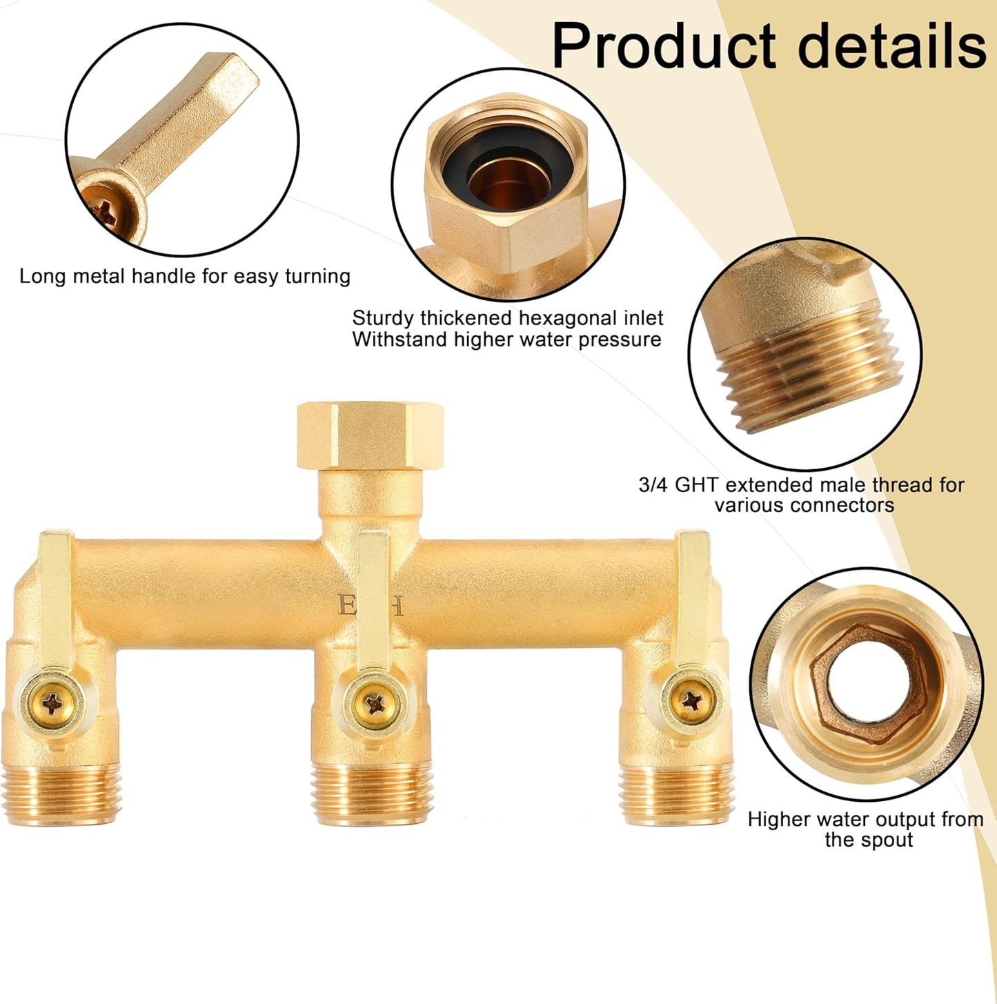 EBH Brass Garden Hose Splitter, 3 Way High Flow Outdoor Faucet Splitter,Full Flow 3-Way Brass Heavy Duty Hose Splitter With 3 Long Metal Handle and Individual On/Off Valve。