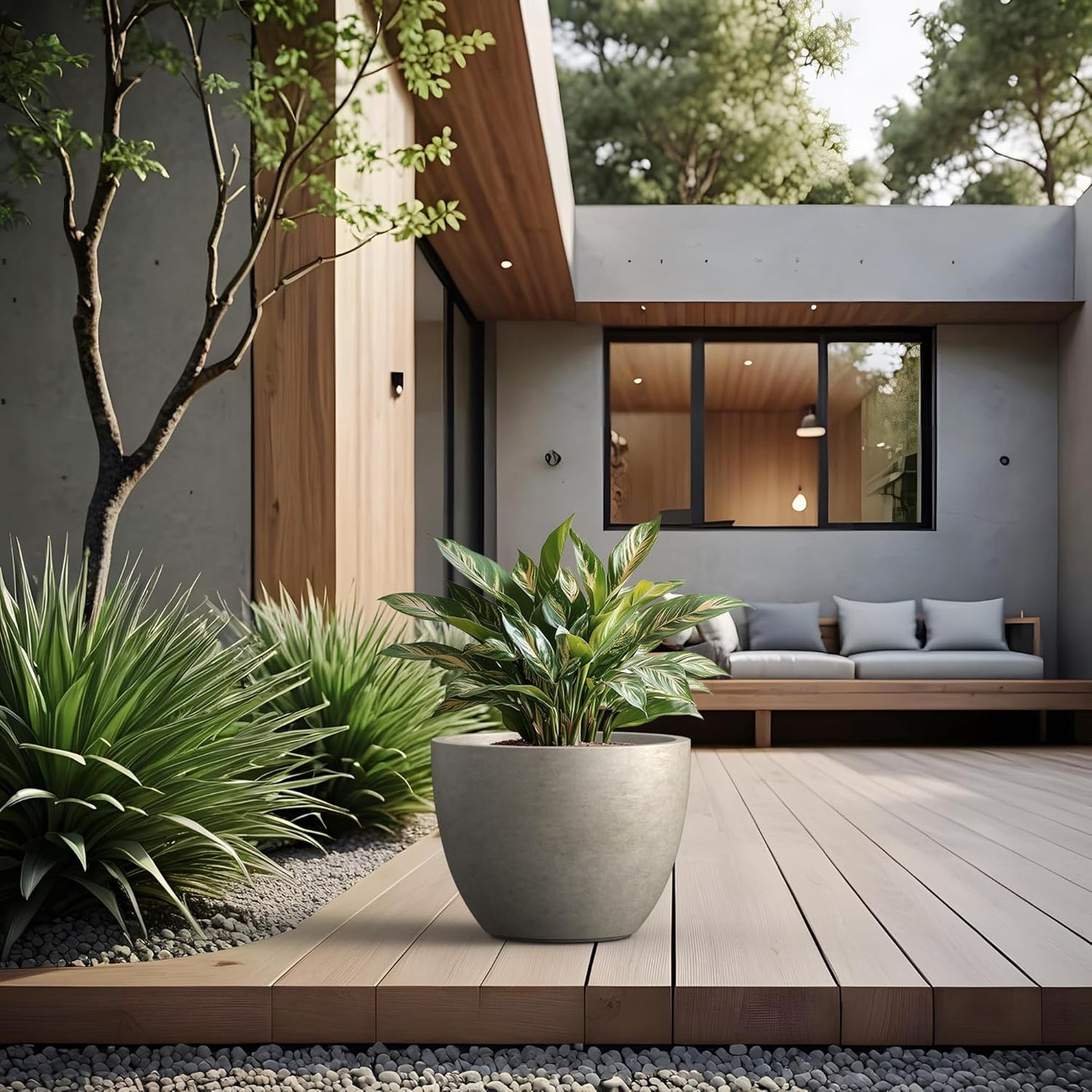 Kante 14.2 Inch Round Concrete Planter - Classic Large Plant Pot with Drainage Hole and Rubber Plug, Suitable for Gardens and Patios, Weathered Concrete Finish with Forest Green Interior