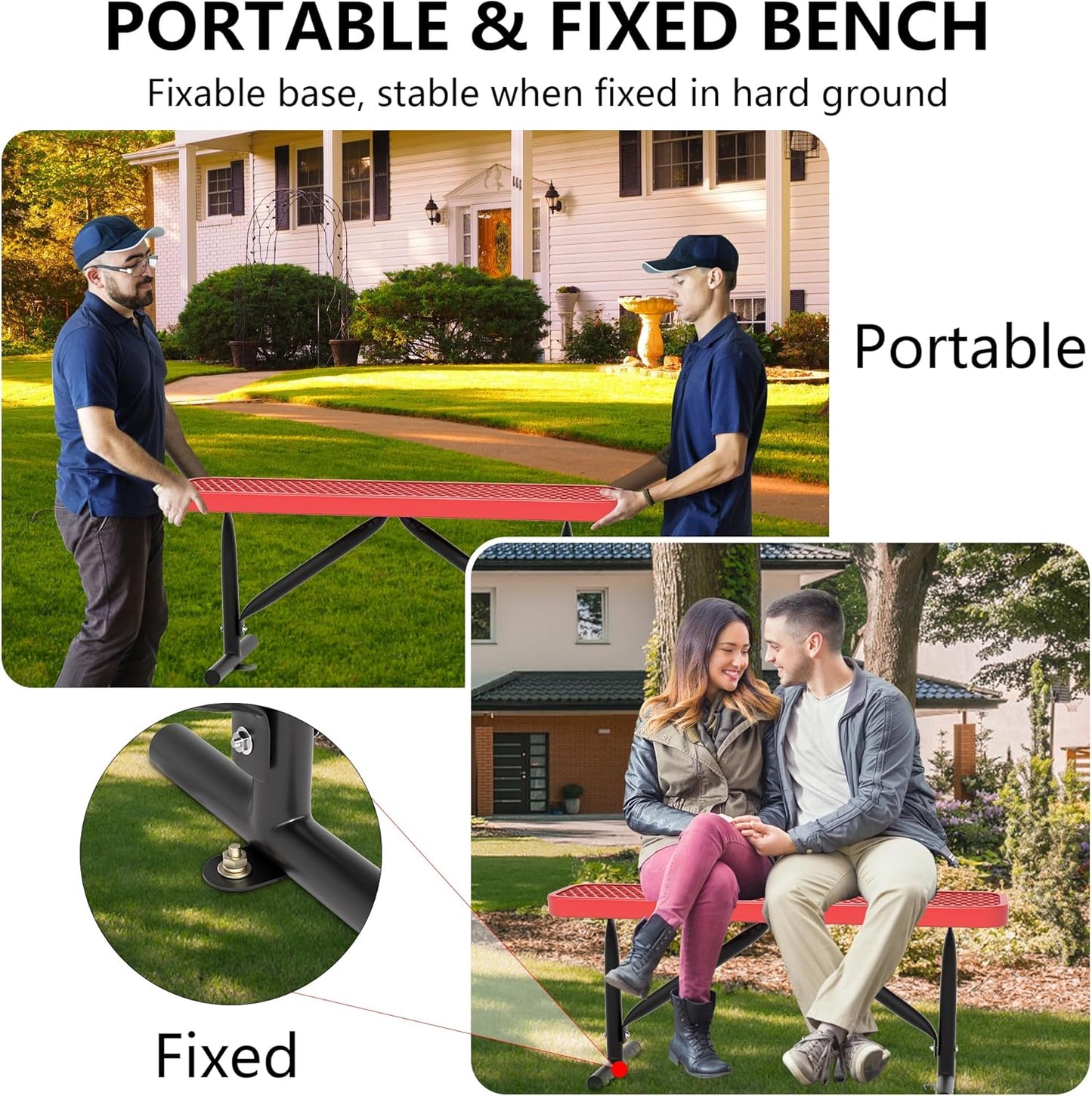 4 Feet Heavy Duty Metal Park Bench for Outside, Outdoor Bench with Portable Frame, Commercial Benches for Shopping Mall, Store, Park, Patio, Deck, Red