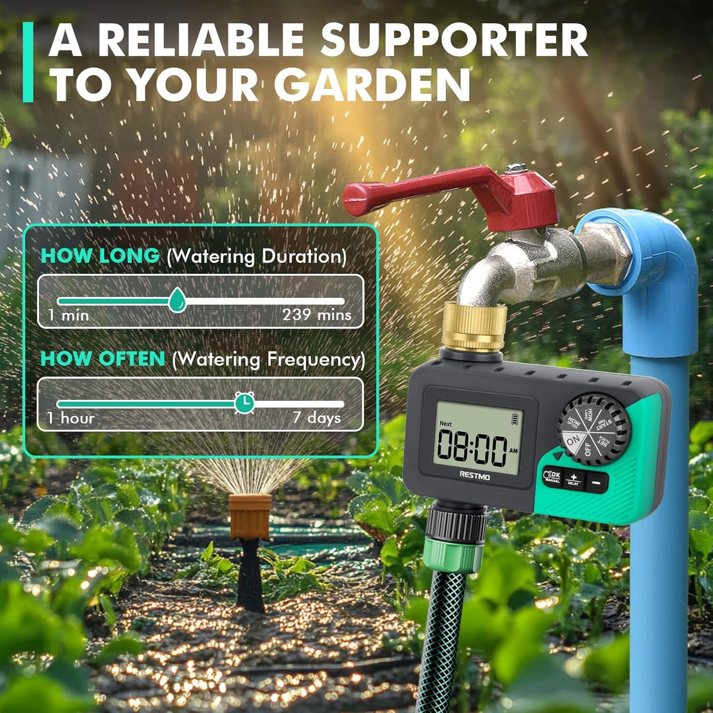 RESTMO Sprinkler Timer with Brass Inlet, Water Timer for Garden Hose, Rain Delay/Manual/Automatic for Outdoor Faucet, Drip Irrigation and Lawn Watering System