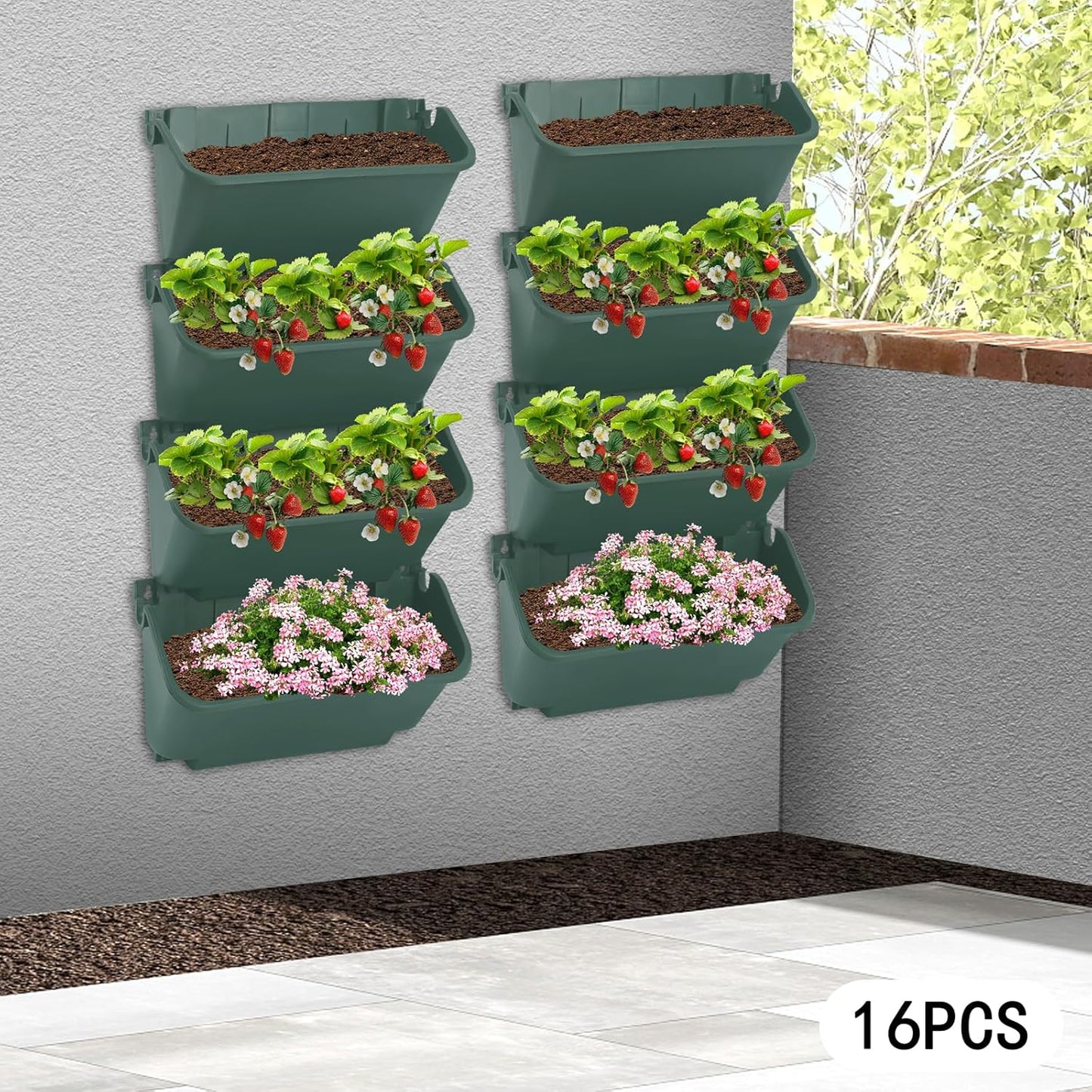 16 Pack Self Watering Wall Mounted Planter, Indoor and Outdoor Vertical Planter Wall Mounted Planter for Patio Outdoor Decor with Drainage Holes, Vertical Garden Planters for Indoor Plants- Green